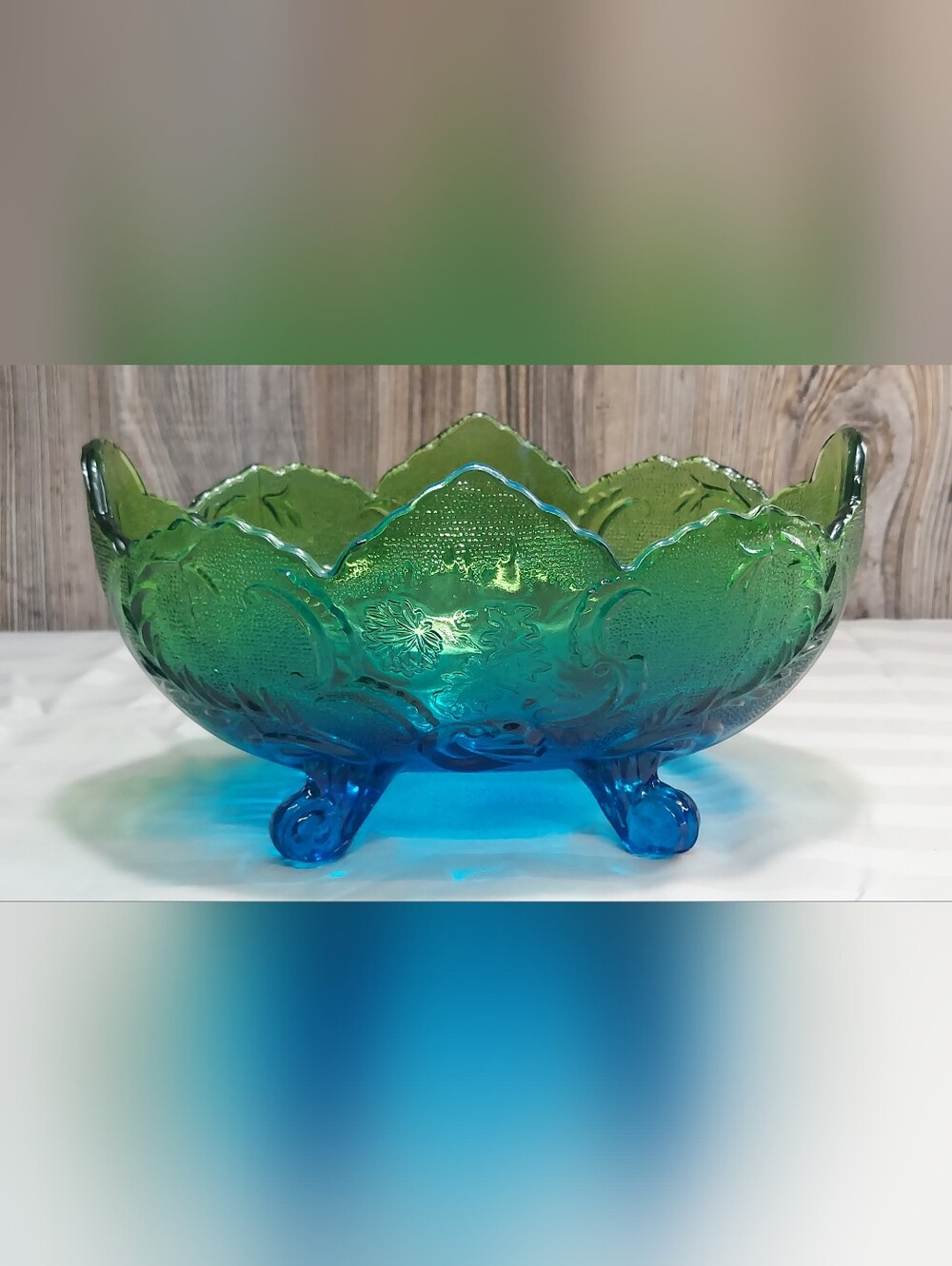 Vintage Jeannette Glass Lombardi Footed Bowl Blue Green Ombre #3435 MCM